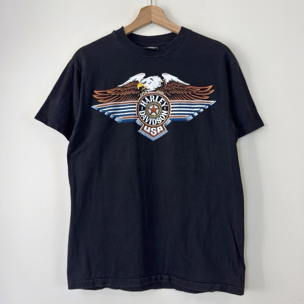 Vintage 90's Harley Davidson Biker Eagle Mansfield Ohio Black Tee Shirt Medium